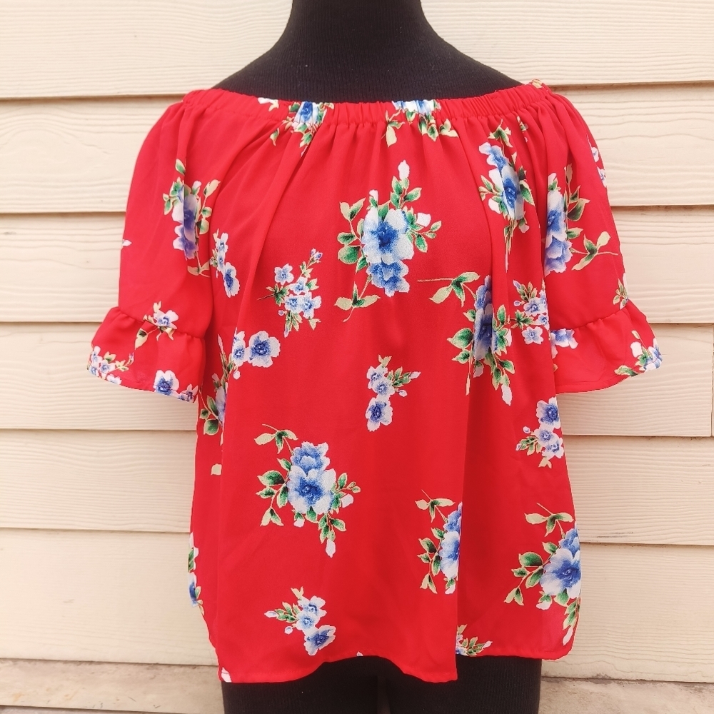 Sienna Sky Top Off Shoulder‎ Orange Floral Blouse Women M Ruffles on the Sleeves